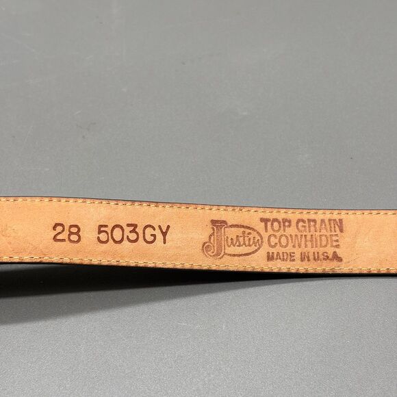 Vintage Justin Leather Western Belt Gray Heart Buckle 28 Cowhide USA 503GY - Picture 2 of 11